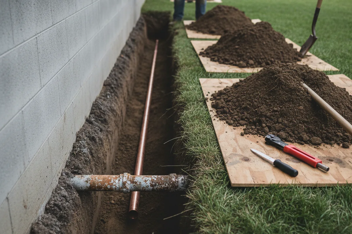Excavated water line trench during Water Softener Installation in Erwinna